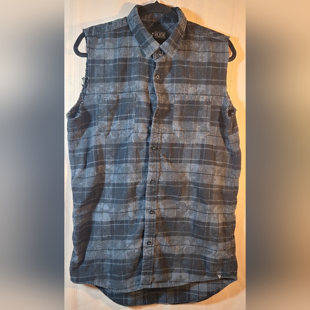 RUDE Black and Gray Plaid Sleeveless Button-down Shirt